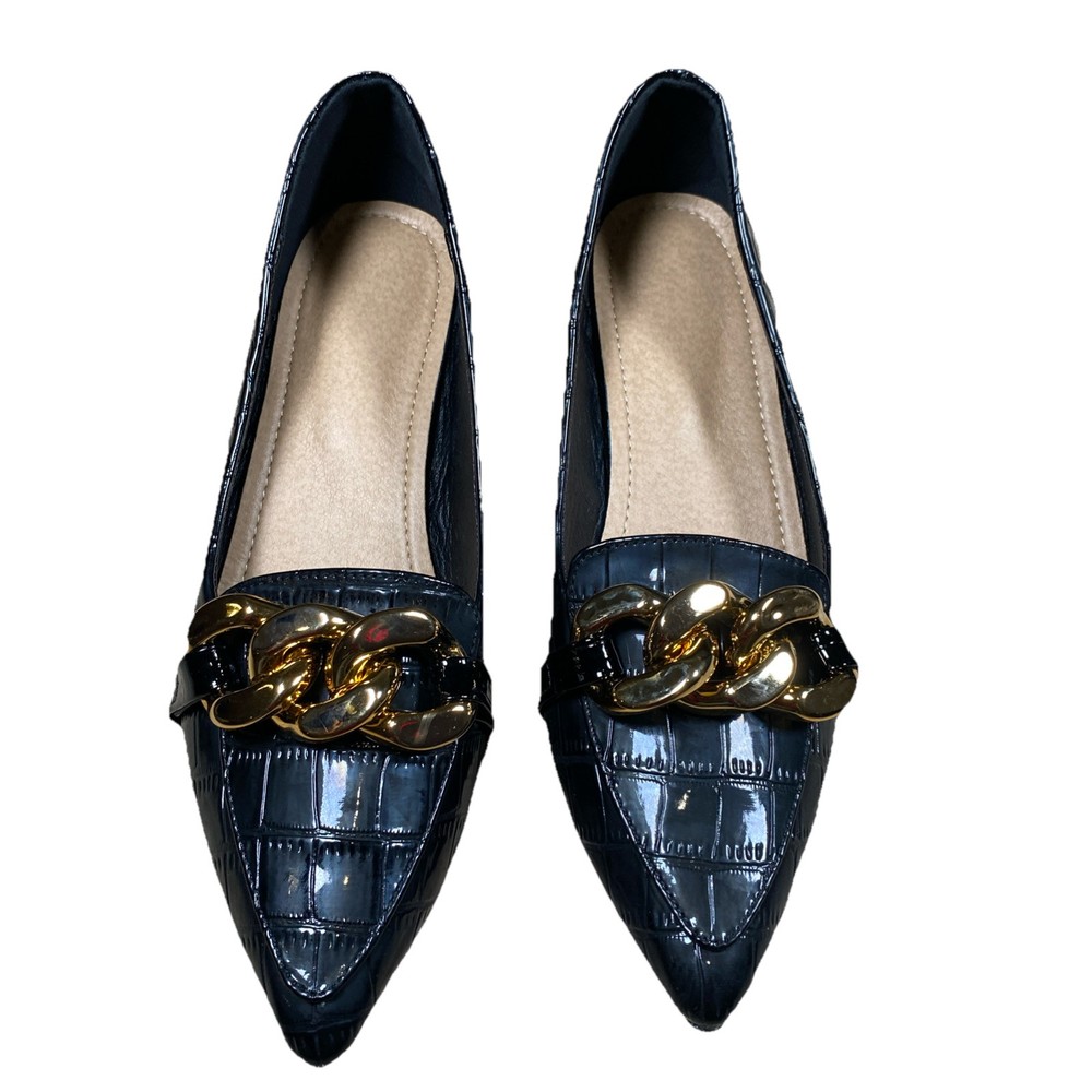 Women Black Croc Embossed Loafers Gold Chain US 11-11.5 EU 43