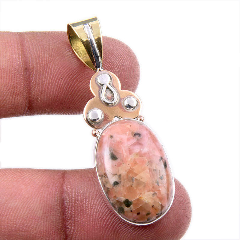 Natural Rhodonite Gemstone 925 Sterling Silver Two-Tone Pendant 1.75 Inch