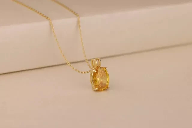 Oval Cut Simulated Citrine Solitaire Pendant 14K Yellow Gold Plated with Chain
