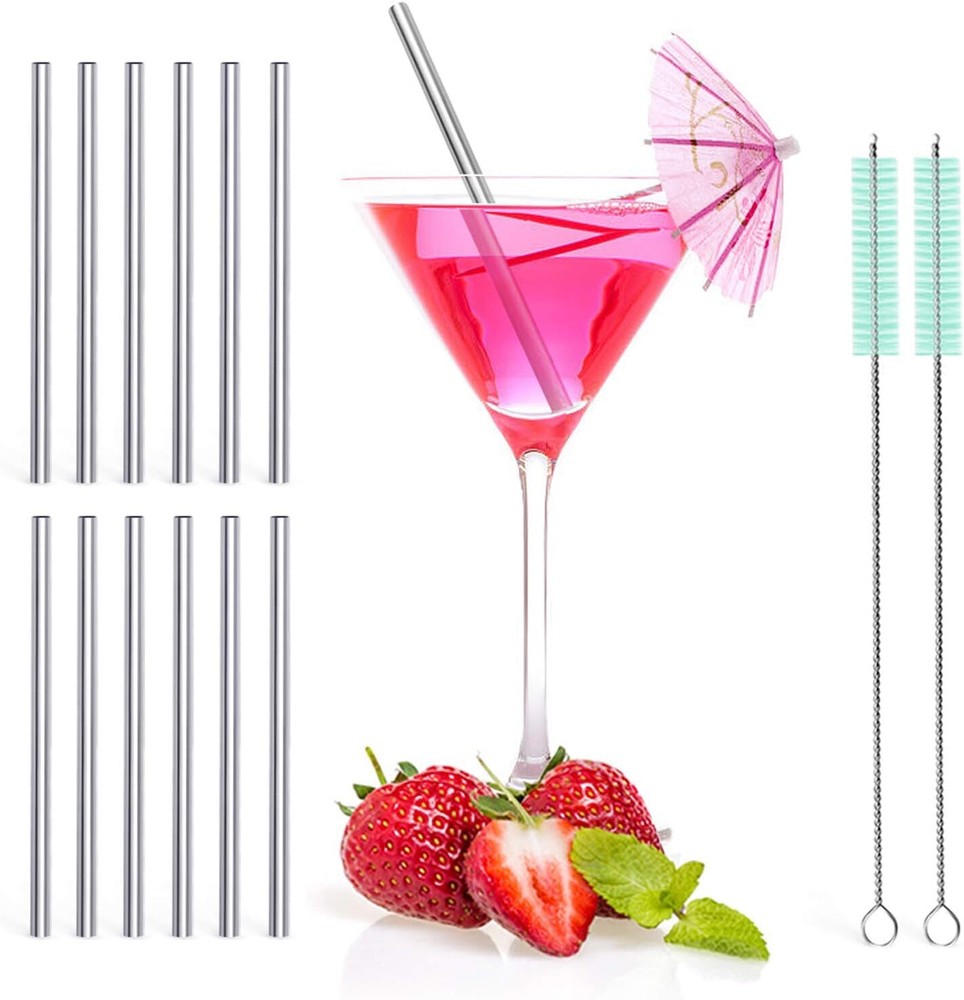 Teivio 12 Pack 5-Inch Extra Short Reusable Small Silver Straws with Cleaning Brush