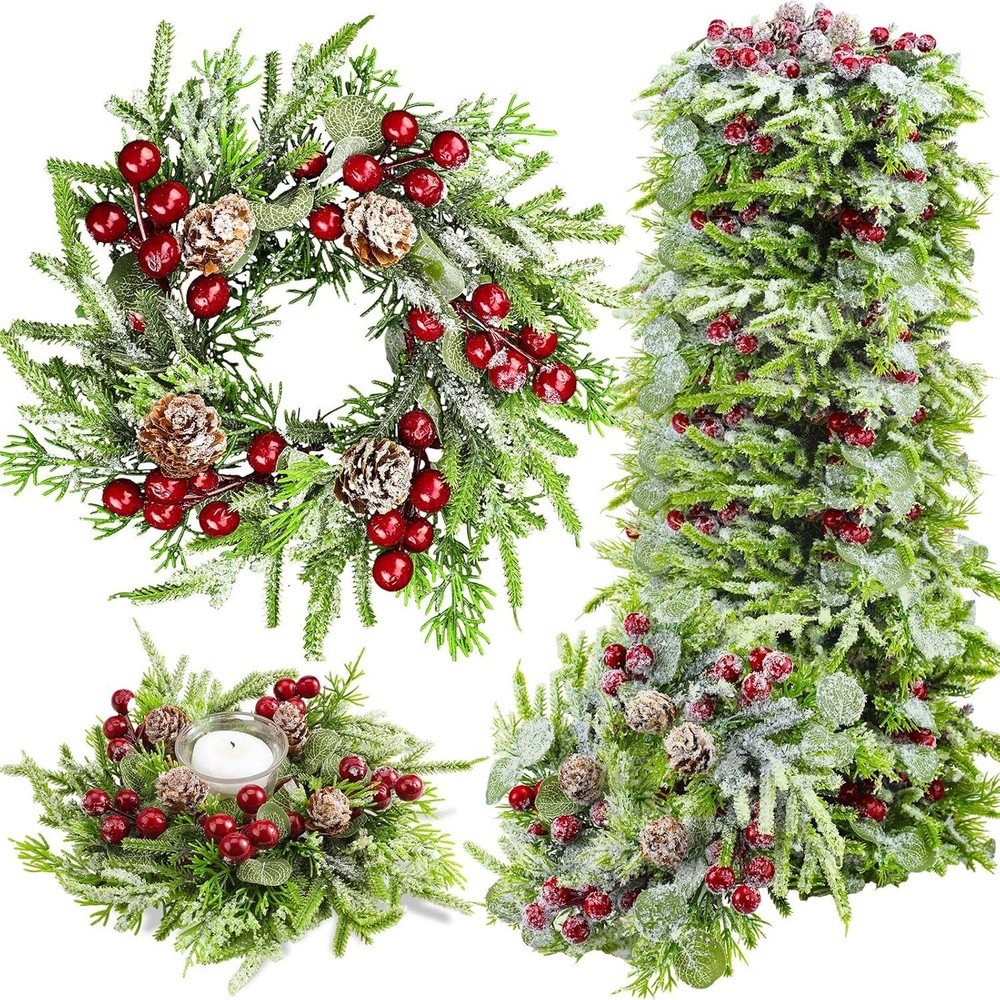 24 Pcs Christmas Candle Rings Wreath Norfolk Pine Garland Red Berry Pinecones