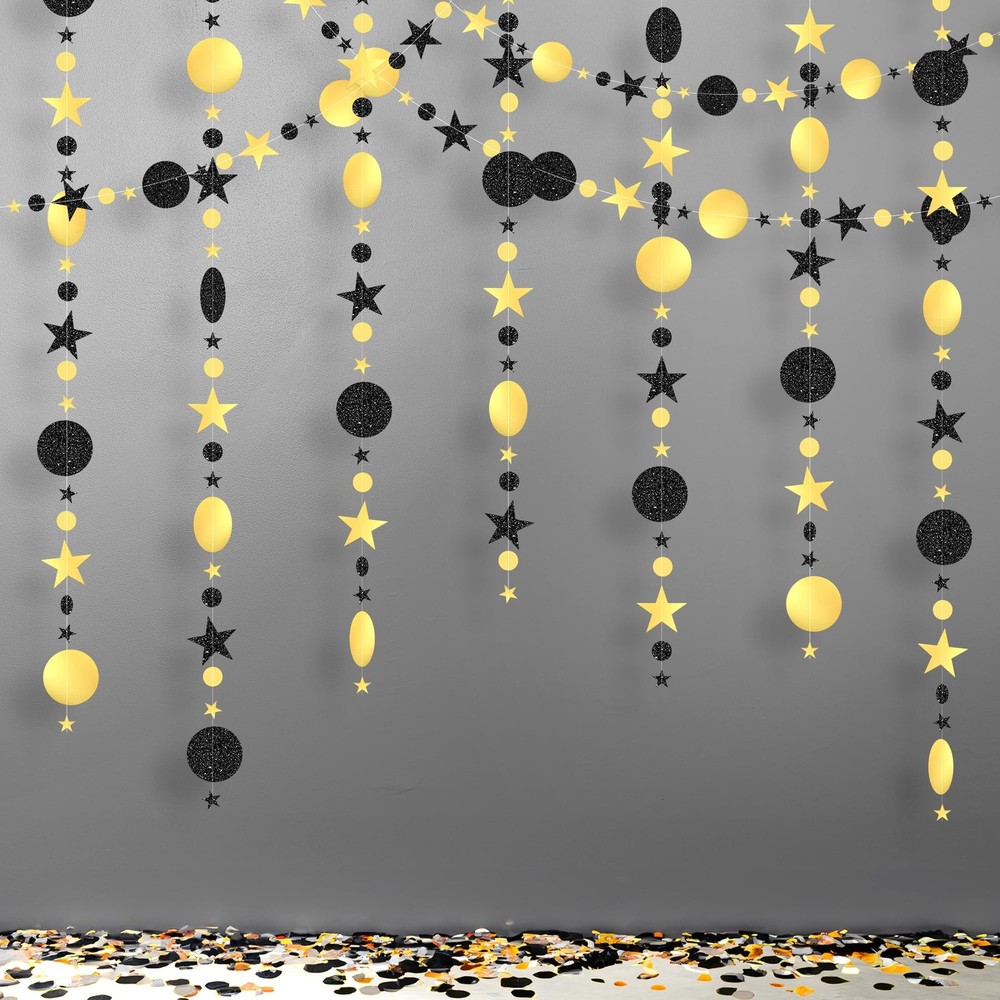 , Black and Gold Star Garlands- 42 Feet, Pack of 3 | Pre-Strung, Star Garland...