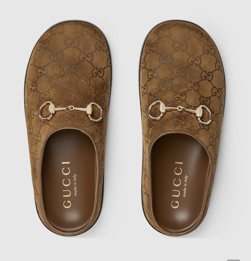 Gucci Women's Brown GG Monogram Horsebit Suede Flats Mule EU 38.5