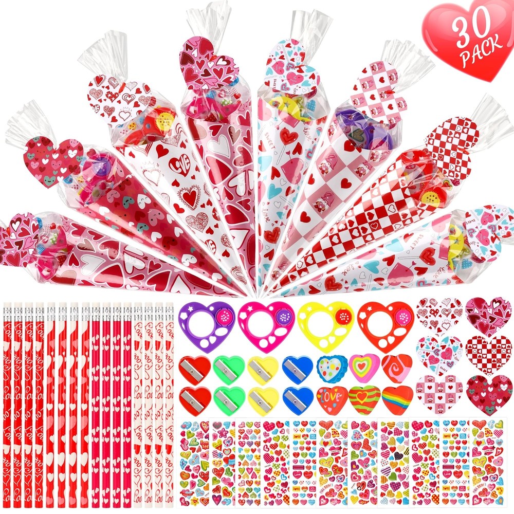 Valentine's Day Gifts for Kids-30 Pack Valentines Sweet Cones Shaped Statione...