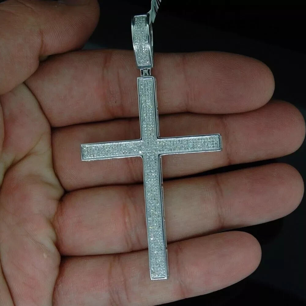 14K White Gold Plated 2Ct Real Moissanite Men's Cross Charm Pendant 3