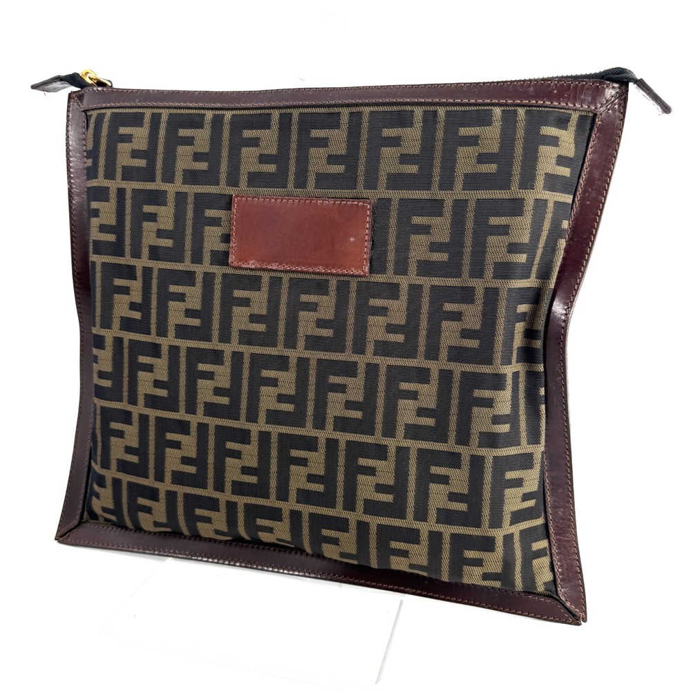 FENDI Zucca Clutch Bag Purse Nylon Leather Brown Black Authentic