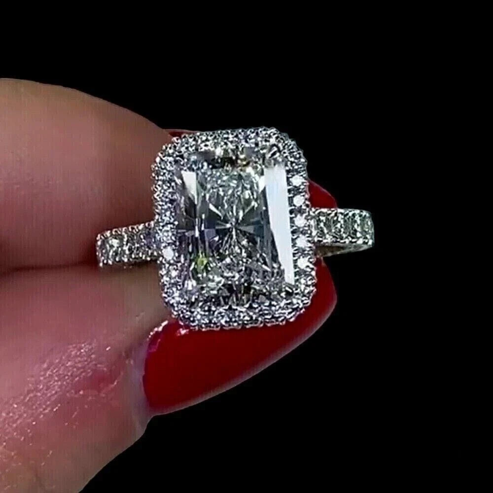 Certified Natural 3ct VS1 Radiant Cut F White Diamond 925 Sterling Silver Ring
