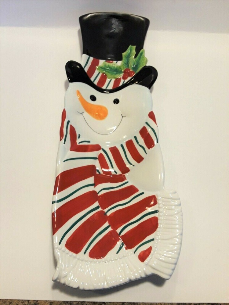 FITZ AND FLOYD Snowman Snack Tray Plate with Spoon Rest for Christmas