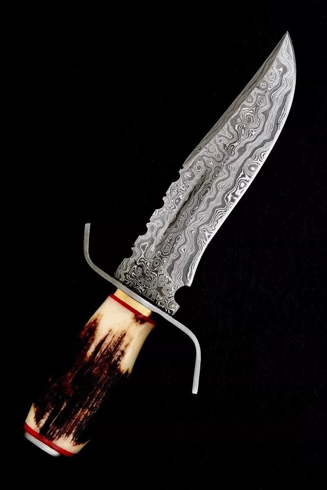 Handcrafted Damascus Steel Bowie Knife with Stag Handle and Leather Sheath