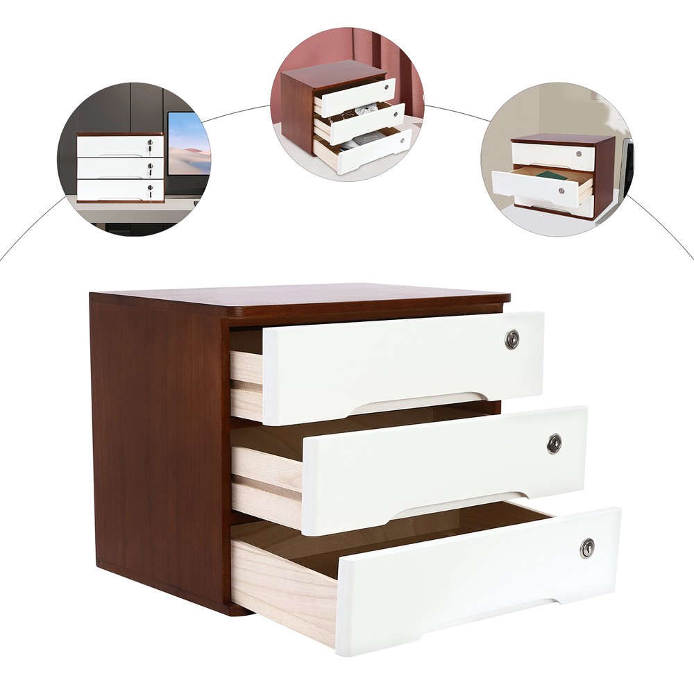 3-Tier Wood Storage Cabinet with Lock for Office Desktop Organization