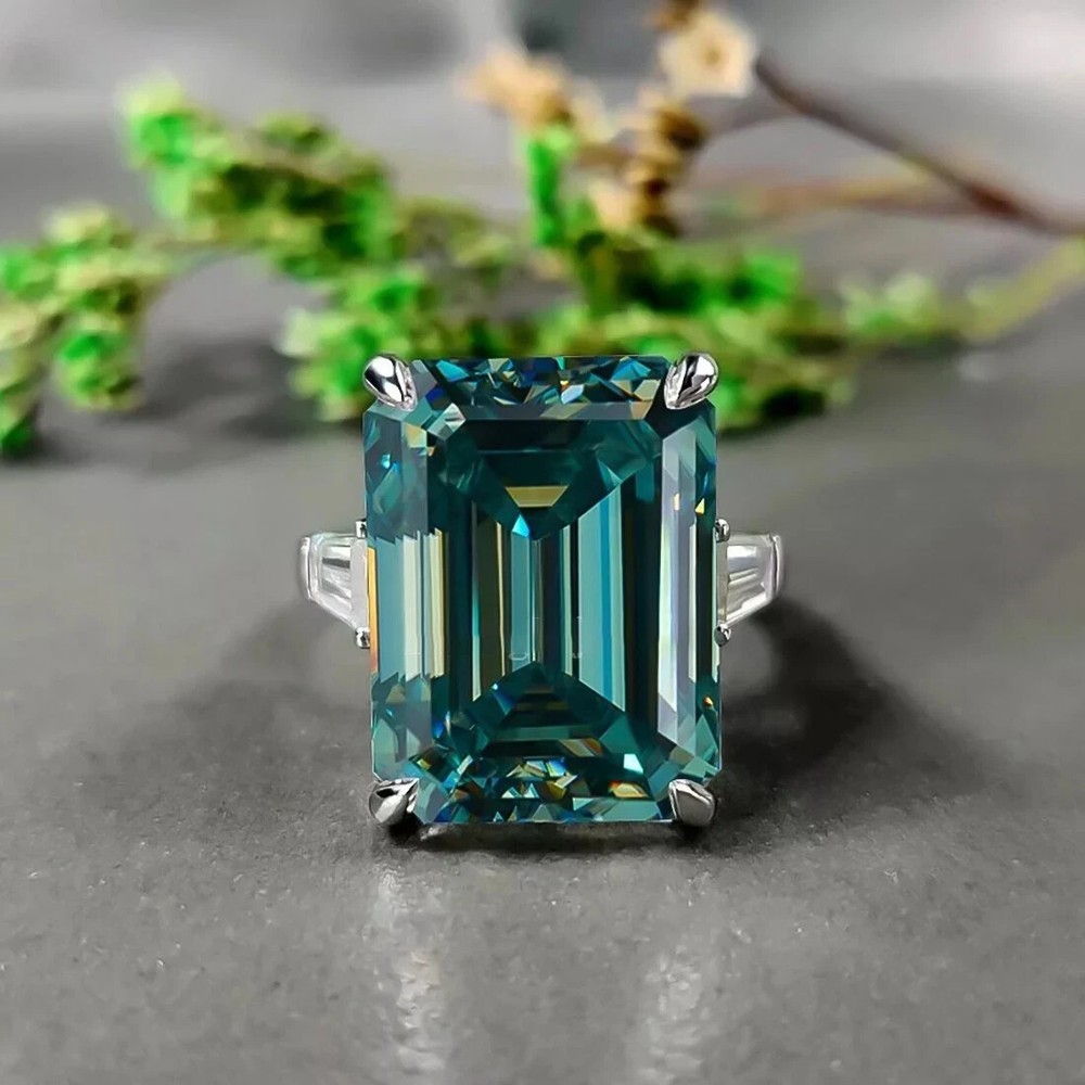 RARE 8.90 Ct Emerald Cut Treated Blue Diamond Ring 925 Silver With Certificate