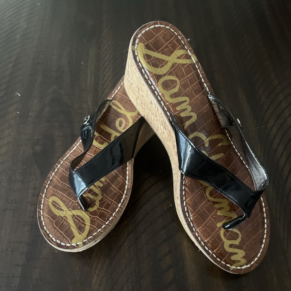 SAM ELDEMAN ROMY CORK WEDGE TONGUE PLATFORM SANDAL SIZE 7.5 M