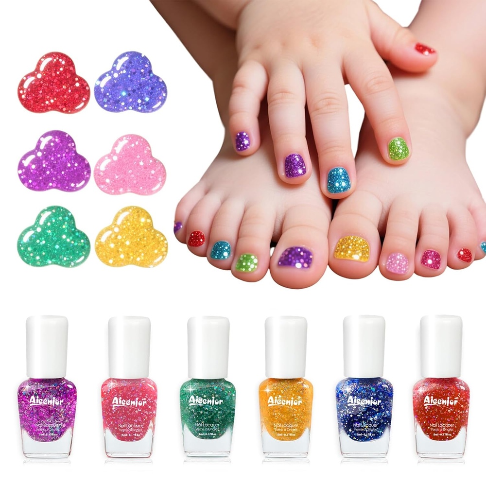 Non-Toxic Kids Nail Polish Set, Glitter Quick Dry Fingernail Polish for Toddler,