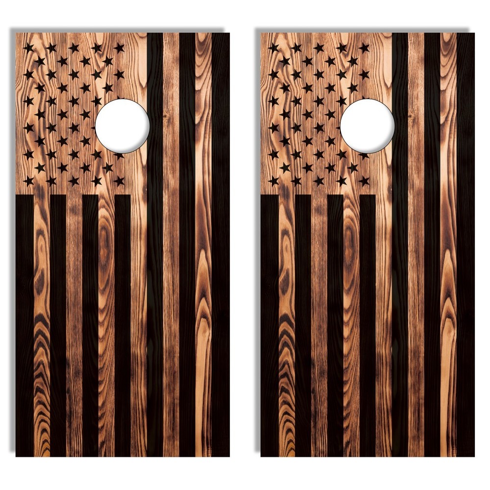 FADEPROOF Cornhole Wraps - Burnt USA Flag on Wood Grain - Laminated - 2x4 Size