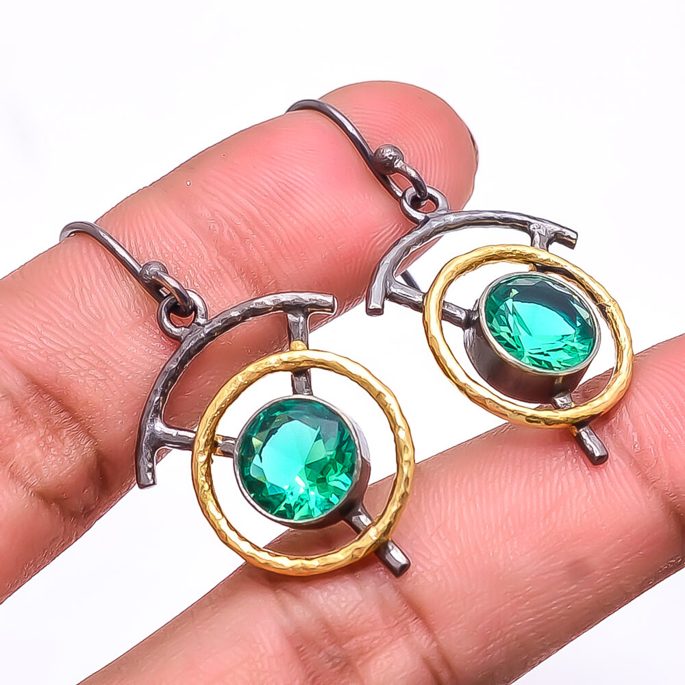 Green Tourmaline 925 Silver Black & Gold Plated Earring 1.64
