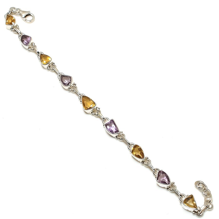 Natural Pink Amethyst Citrine 925 Sterling Silver Adjustable Gift Bracelet 7-8 Inches