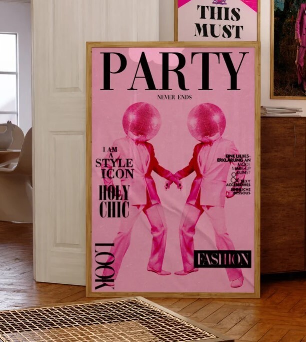 Party Magazine Poster, 70s Print, Pink Wall Art, Disco Poster