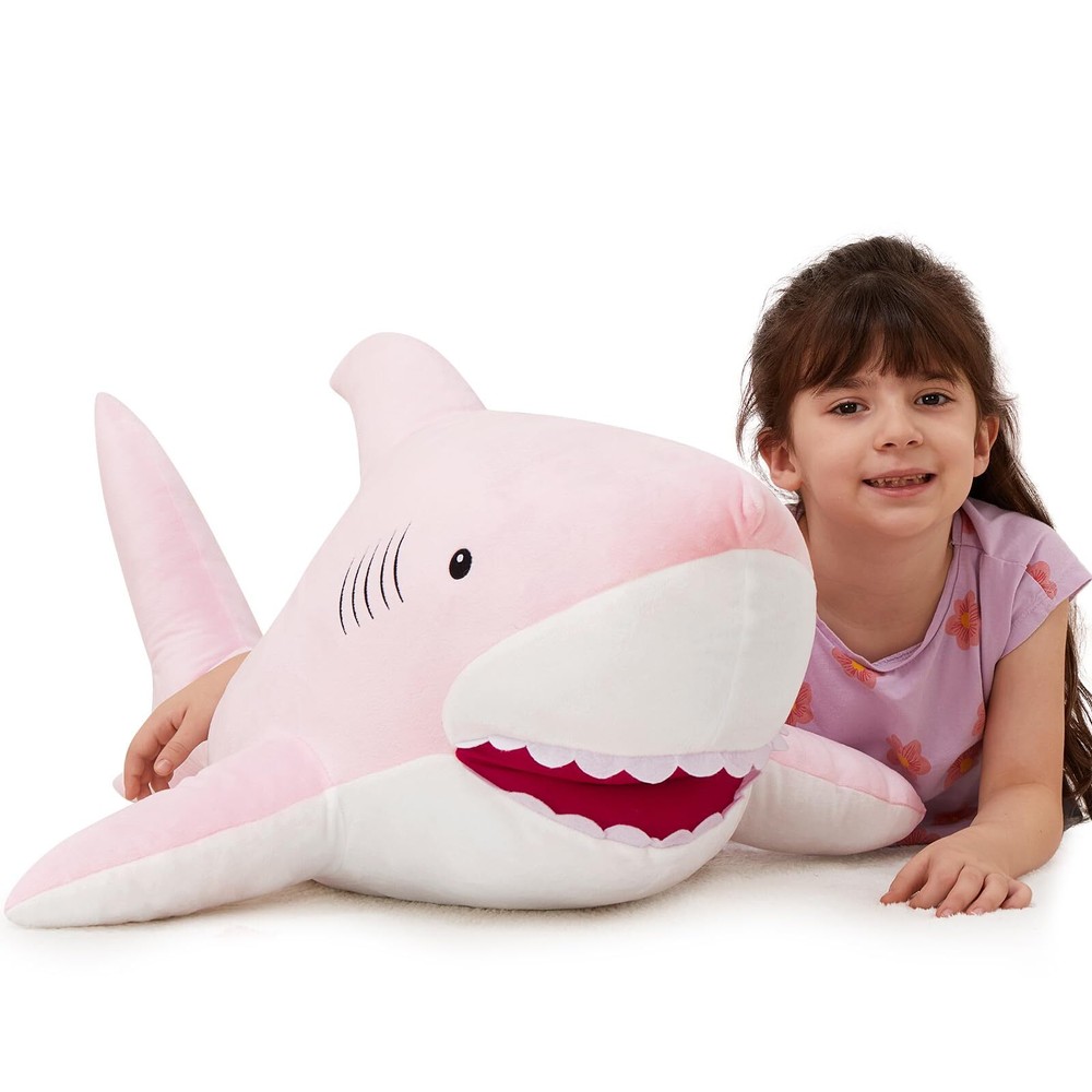 39'' Giant Shark Stuffed Animal, Plush Body Pillow, Pink, for Kids & Girlfriends
