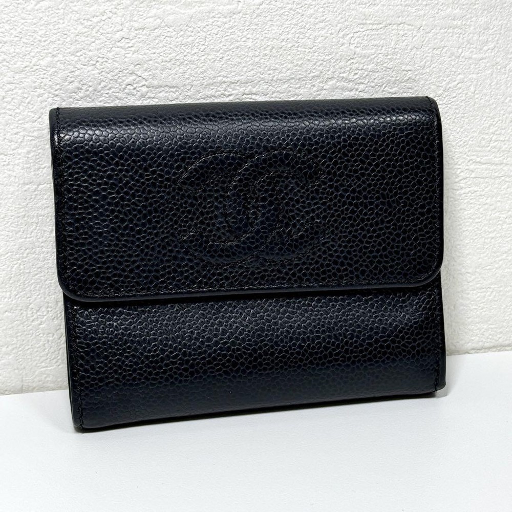 Chanel Vintage Black Caviar Leather Tri-Fold Wallet Gold Accents AB Condition