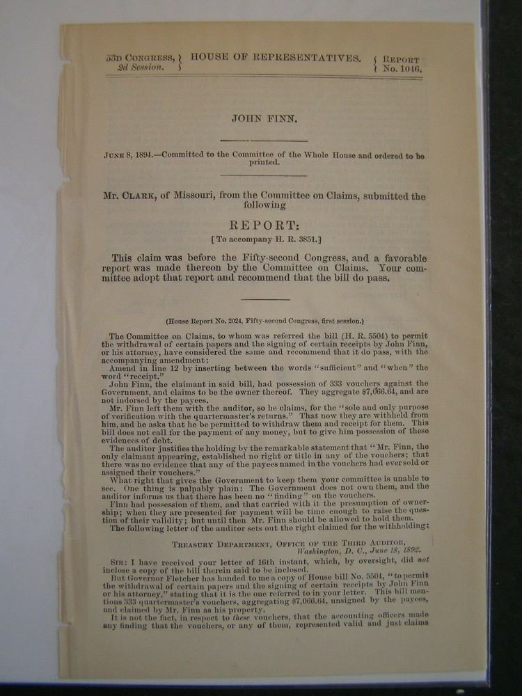 Government Report 1894 Claims of John Finn 333 Vouchers Against the Gov $7066.00-image