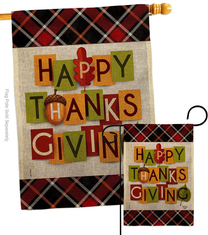Thanksgiving Burlap Garden House Flag Set Fall Turkey Give Thanks Gobble Pump...