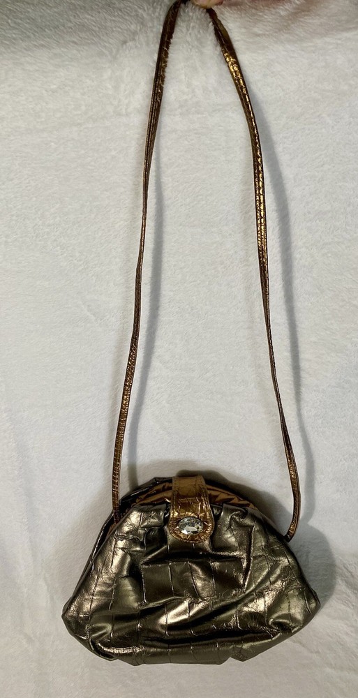 Vintage Pewter Gray & Bronze Brown Embossed Alligator Leather Clutch with Strap