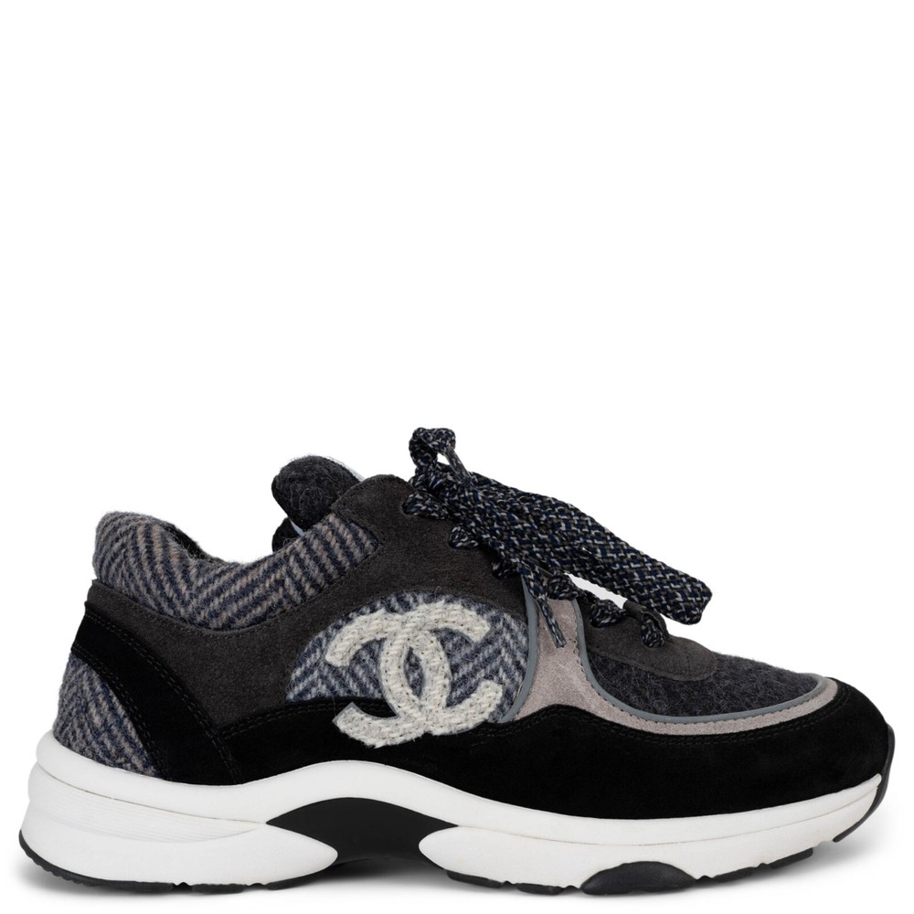 CHANEL 22k Grey Black Tweed Suede Low Top Sneakers Size 38