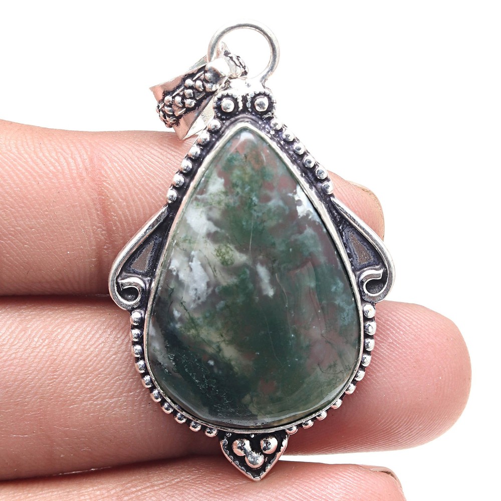 Moss Agate Pendant Silver Valentine Gift Jewelry 2.25 Inch