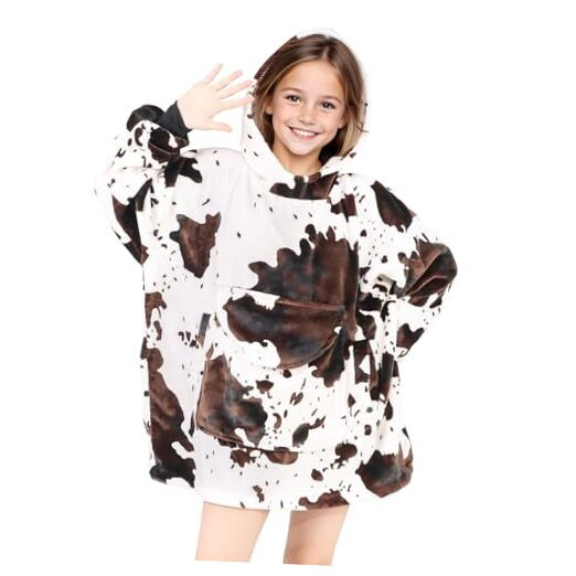 Wearable Blanket Hoodie Kids Cow Print Sweatshirt Blanket with Giant Pocket