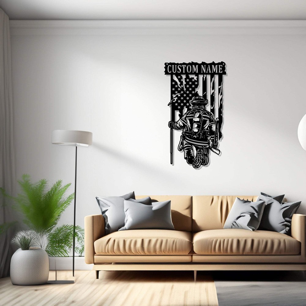 Custom US Fire Fighter Metal Wall Art, Personalized Fire Fighter Name Sign Decor