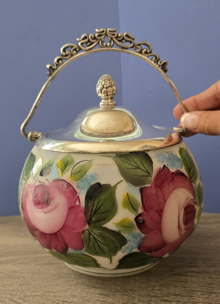 Antique 1930s Pink Floral Milk Glass Biscuit Jar Silverplated Trim Lid Handle