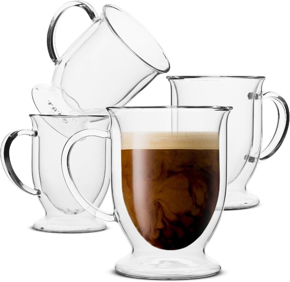 Luxury Double Wall Coffee Mugs - Set of 4, 12oz Clear Glass Drinkware