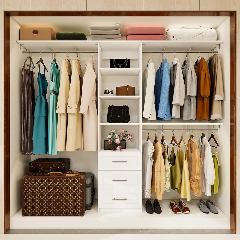 96-Inch Closet Organizer with Wooden Drawers for 5-8FT Spaces