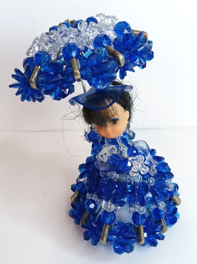 Vintage Blue Safety Pin Art Doll Lady with Southern Belle Parasol Umbrella Kitsch Decor