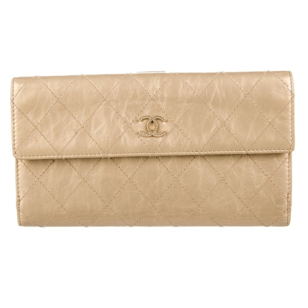 Chanel Gold Metallic Calfskin Quilted Long Flap Wallet