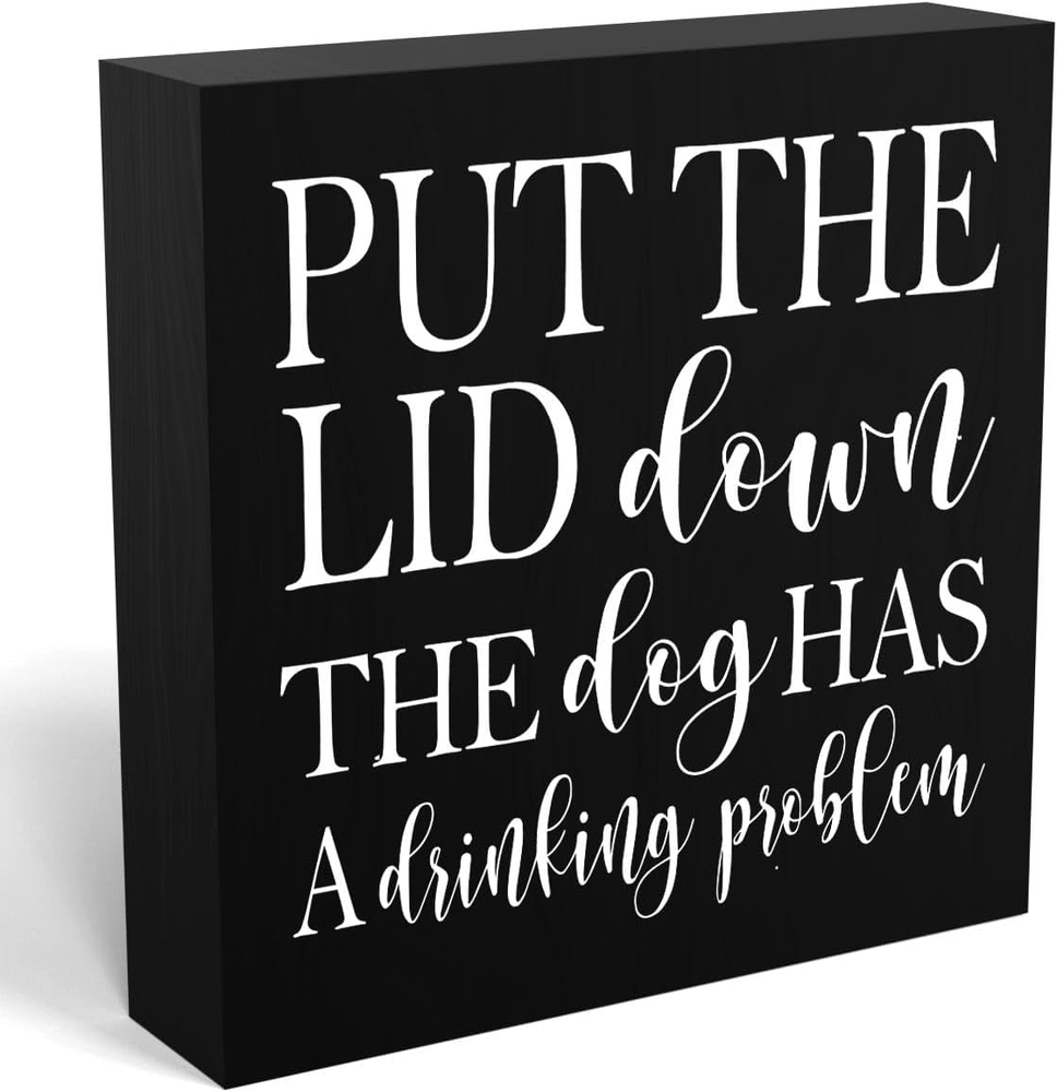 Funny Dog Drinking Problem Wooden Box Sign - Rustic Bathroom Decor 5x5 Inches