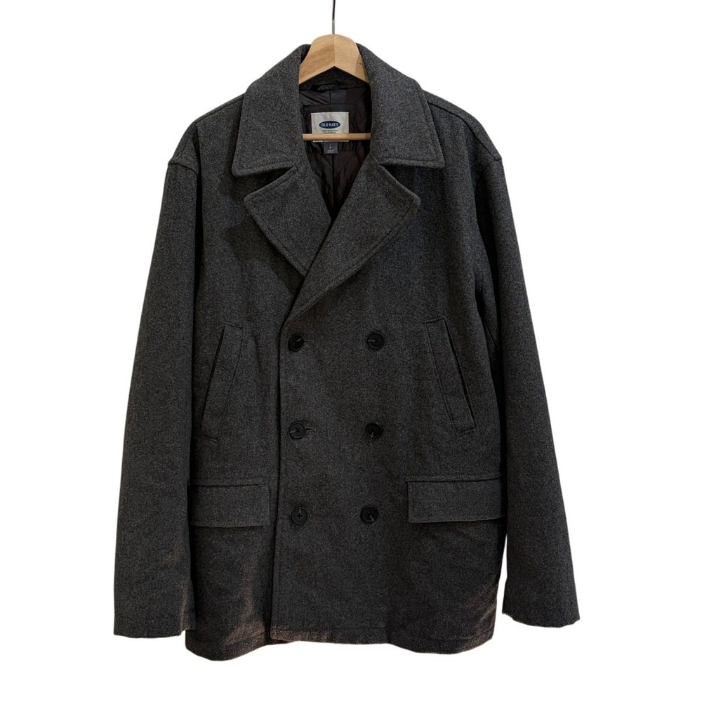 Old Navy Pea Coat Mens Large Dark Grey Heather Double Breasted Wool Blend Jacket