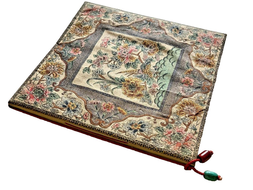 Vintage Asian Japanese Design Fabric Covered Scrapbook w/Tassel & Pheasant NOS
