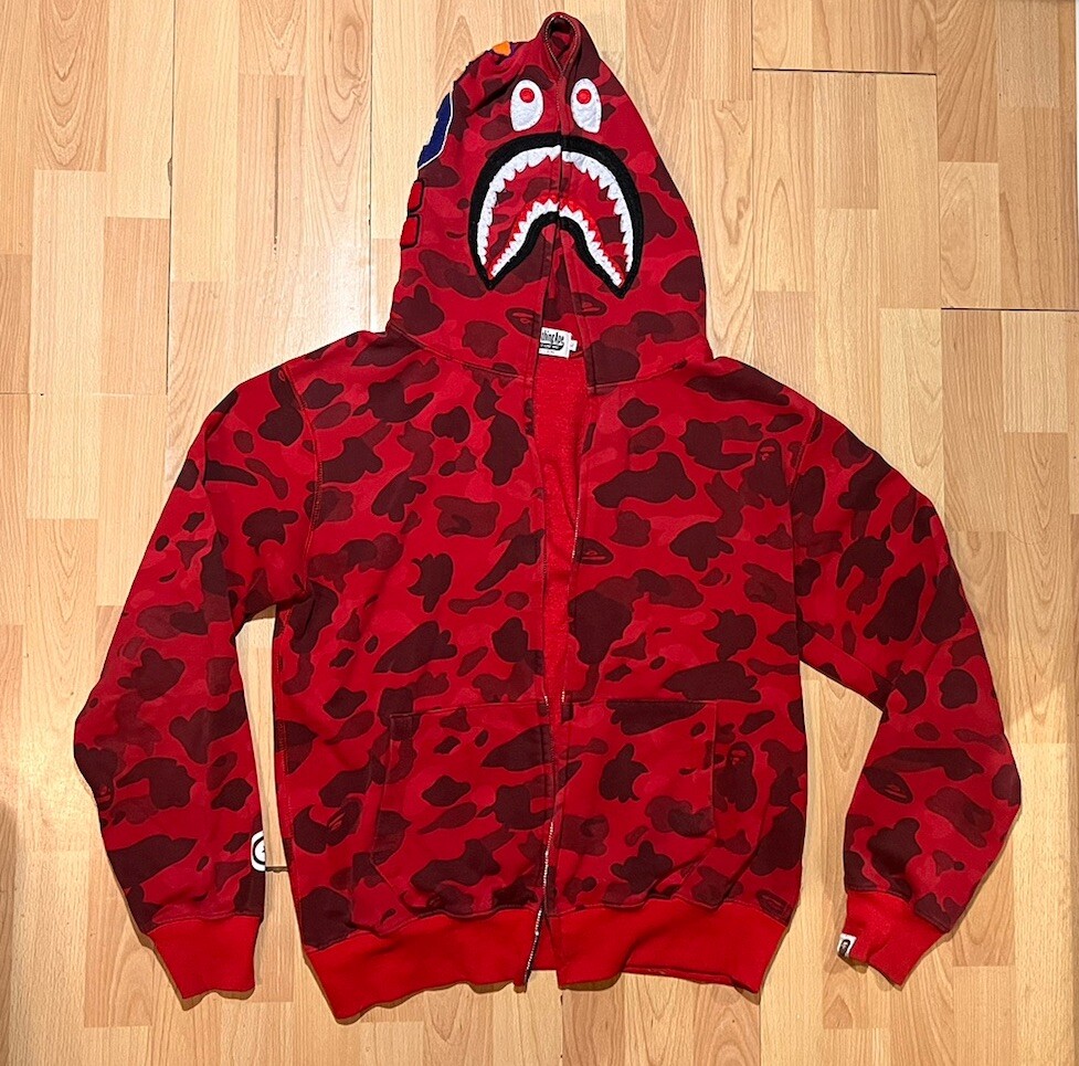 Bape A Bathing Ape Shark Camo Hoodie Mens Large Red Long Sleeve Logo No Zipper