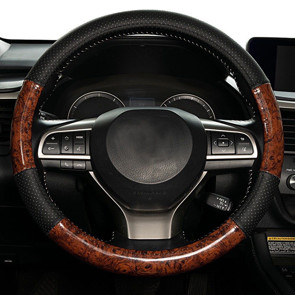 Wood Grain Car Steering Wheel Cover Breathable Anti-Slip Leather Accessories