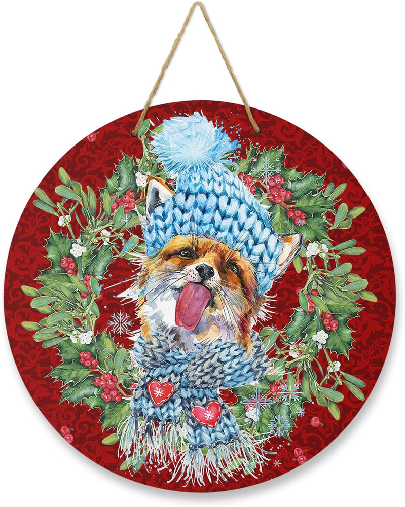 Seasonal Watercolor Fox Christmas Wreath Rustic Wood Door Decoration-image