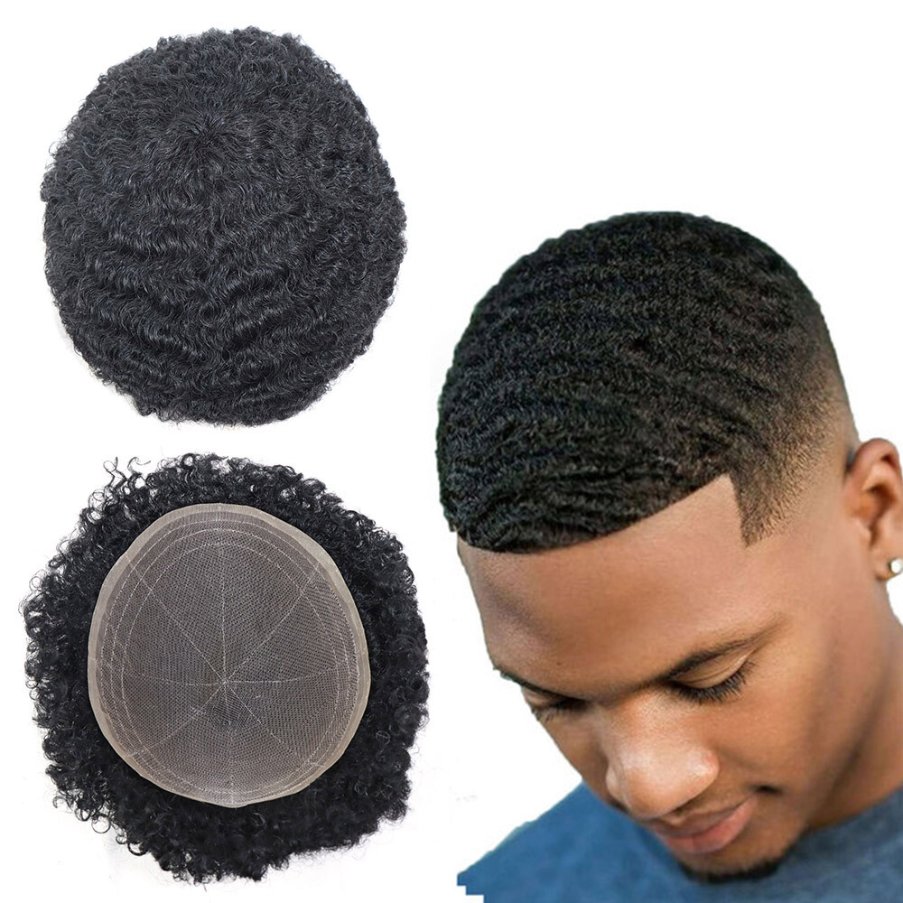 Afro Curly Human Hair Mens Toupee Hairpiece African Full Lace PU Hair System