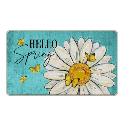 Hello Spring Daisy Flower Decorative Front Door Mat, Floral Butterfly Teal