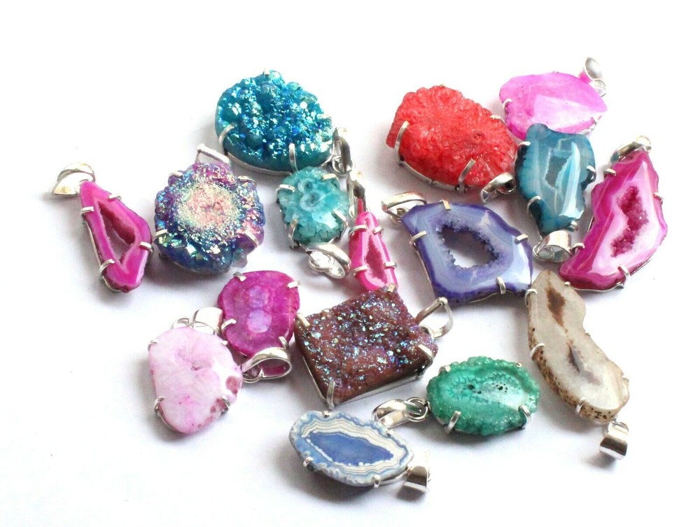 Hippie Quartz & Mix Window Druzy Prong Pendant Lot,Ethnic Jewelry,Gift For Her ~
