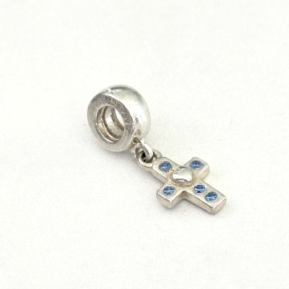 Pandora Sterling Silver Blue CZ Cross Heart Dangle Charm Retired Bead  