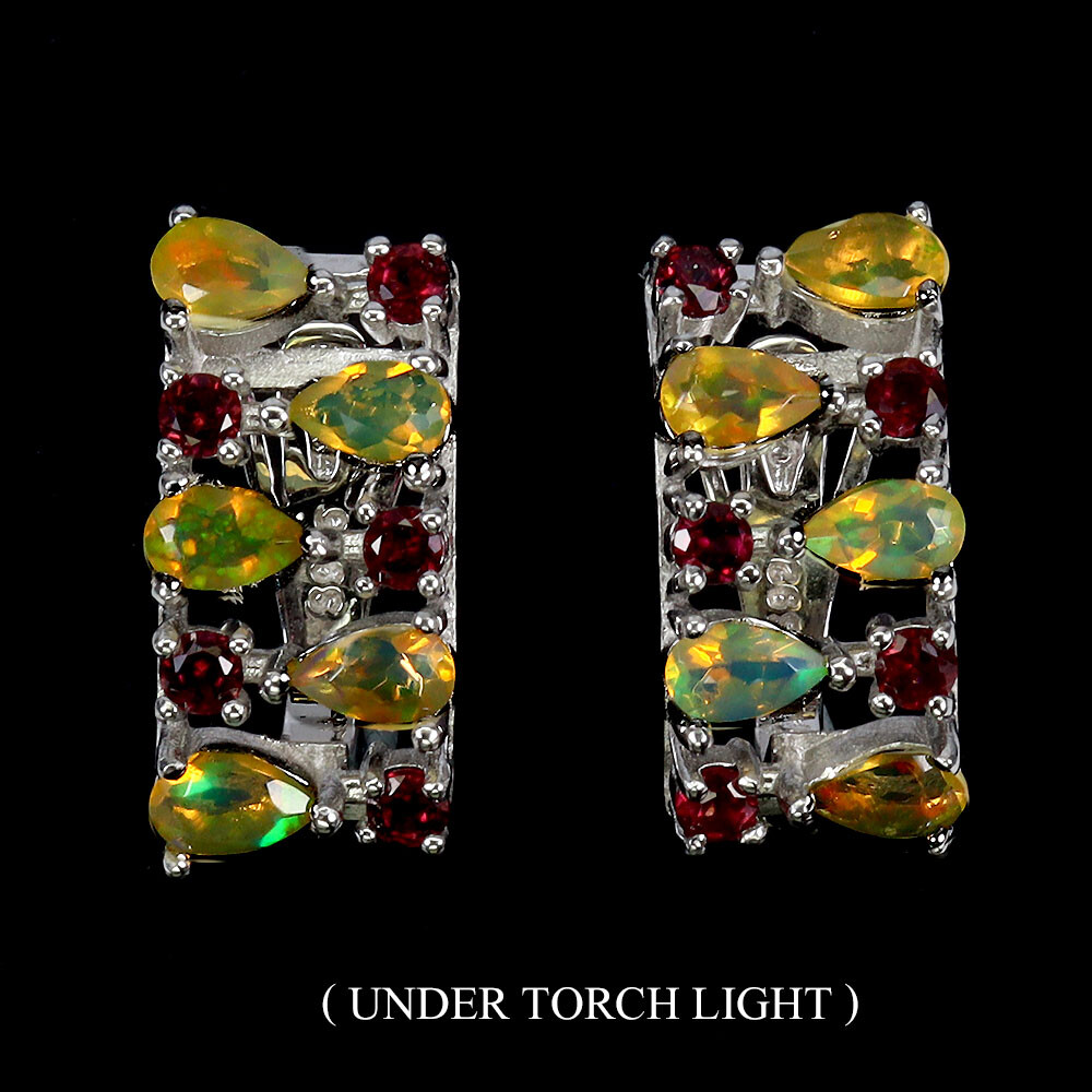 Valentine 925 Silver Earrings Pear Fire Opal Rhodolite Natural Gemstone Jewelry