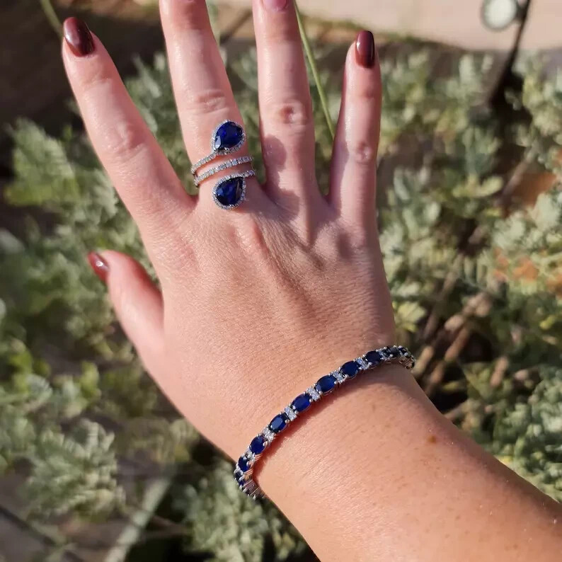 Elegant Women’s 7Ct Oval Lab Sapphire & Diamond Tennis Bracelet in 925 Silver