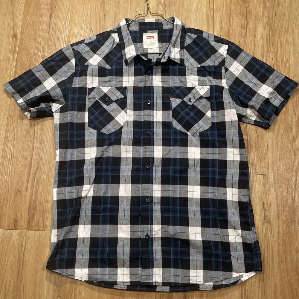 Levi's Shirt Mens XL Blue Plaid Button Up Western Short Sleeve