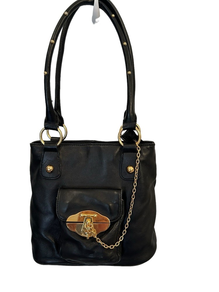 Black Leather Rough Roses Satchel with Gold Embellishments