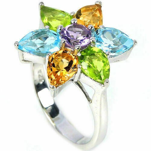Silver Ring with Topaz Citrine Peridot Amethyst Mined Gems Solid Sterling Size 7.25